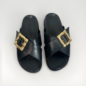 Schutz Enola Cross Slides Womens Size 5 B Black Leather Gold Bamboo Buckle Shoes